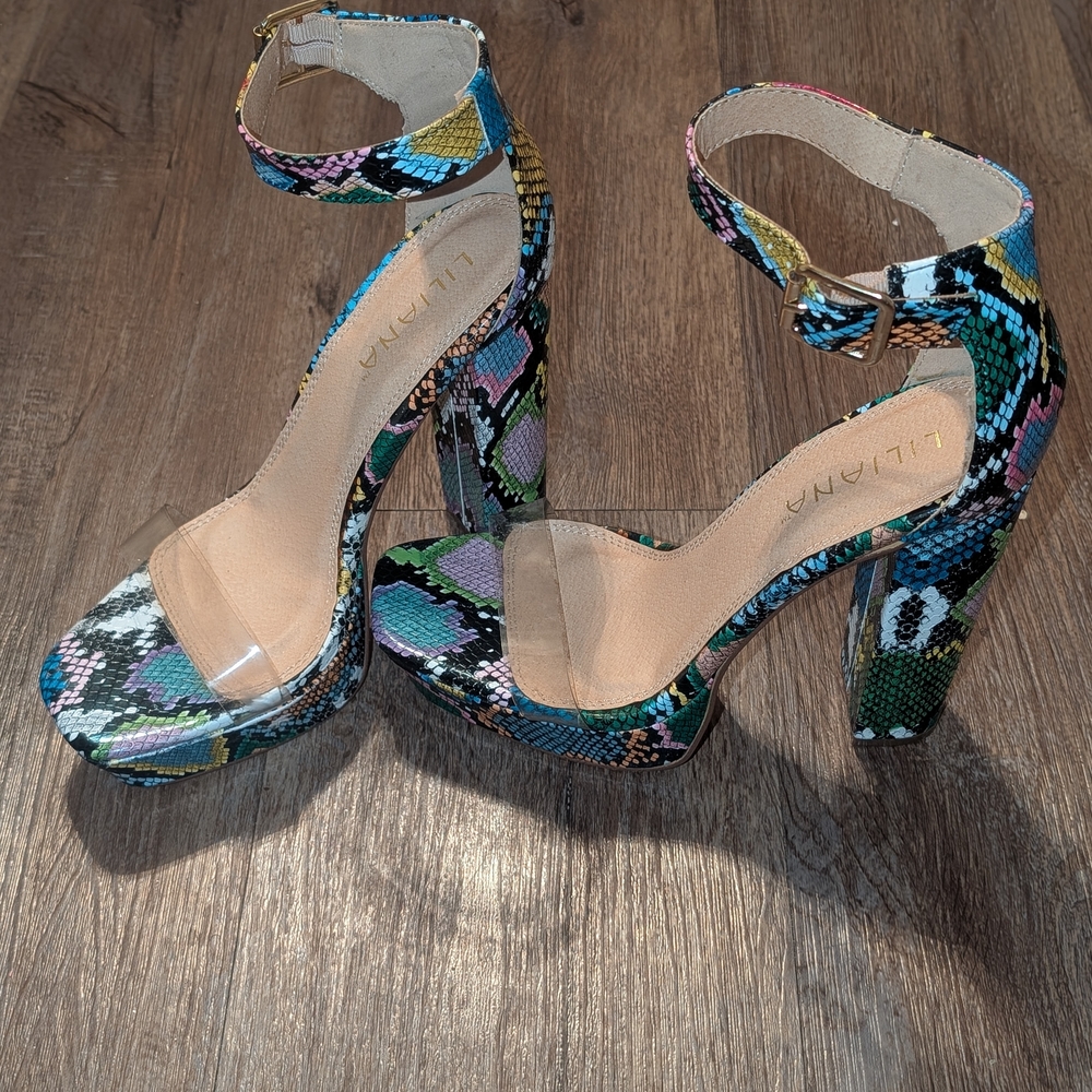 Liliana Multicolor Snake-Print Ankle Strap Platform Heels